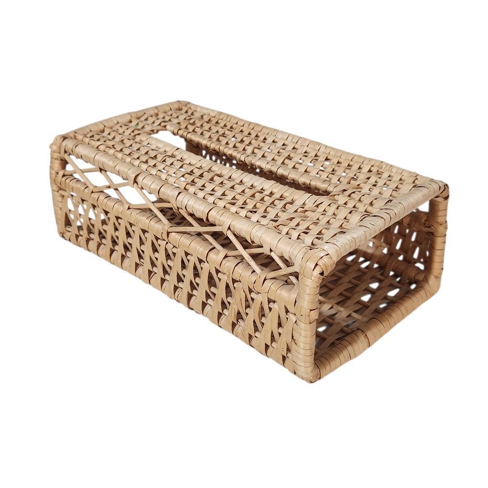 Natural Woven Rattan Tissue Box Cover in Light Tan